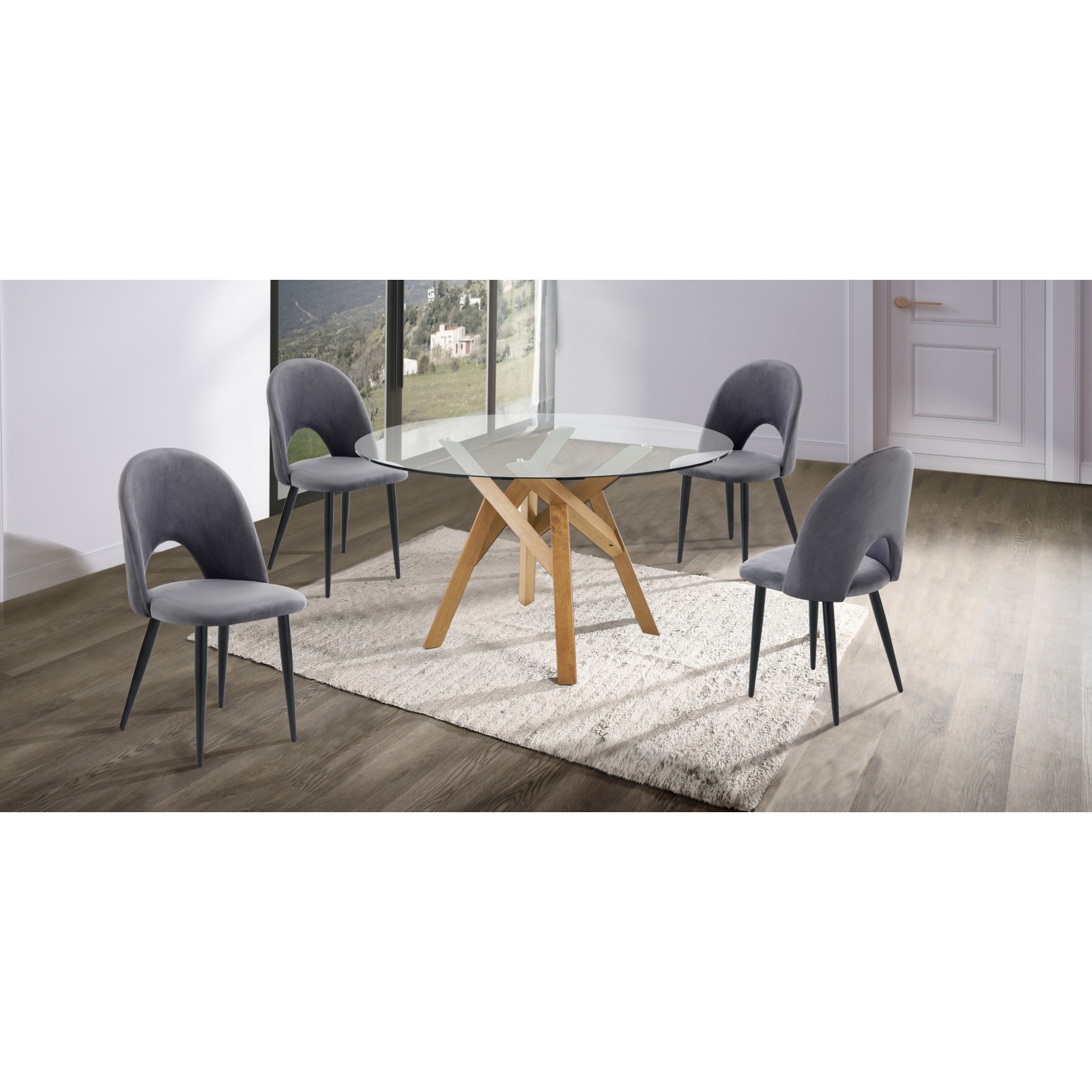 Tavolo Rotondo in vetro temprato trasparente Juan con Base in legno massello finitura Rovere, diametro 137 cm