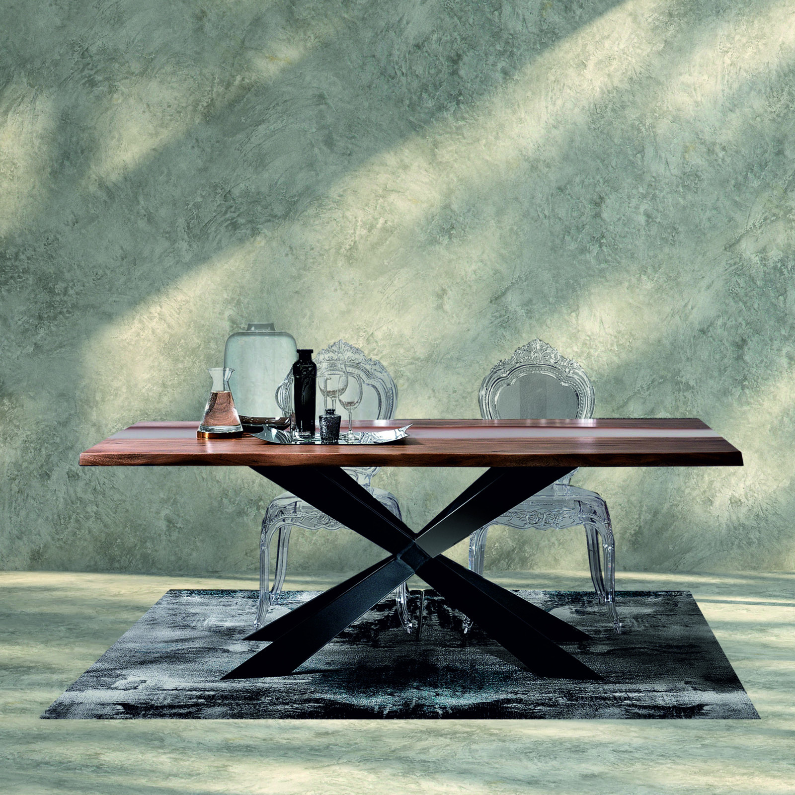 Tavolo da Pranzo Quadrato fisso di Design con Inserto in Vetro