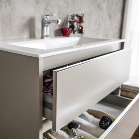 Mobile Bagno base sospesa impiallacciato Rovere con lavello e cestone